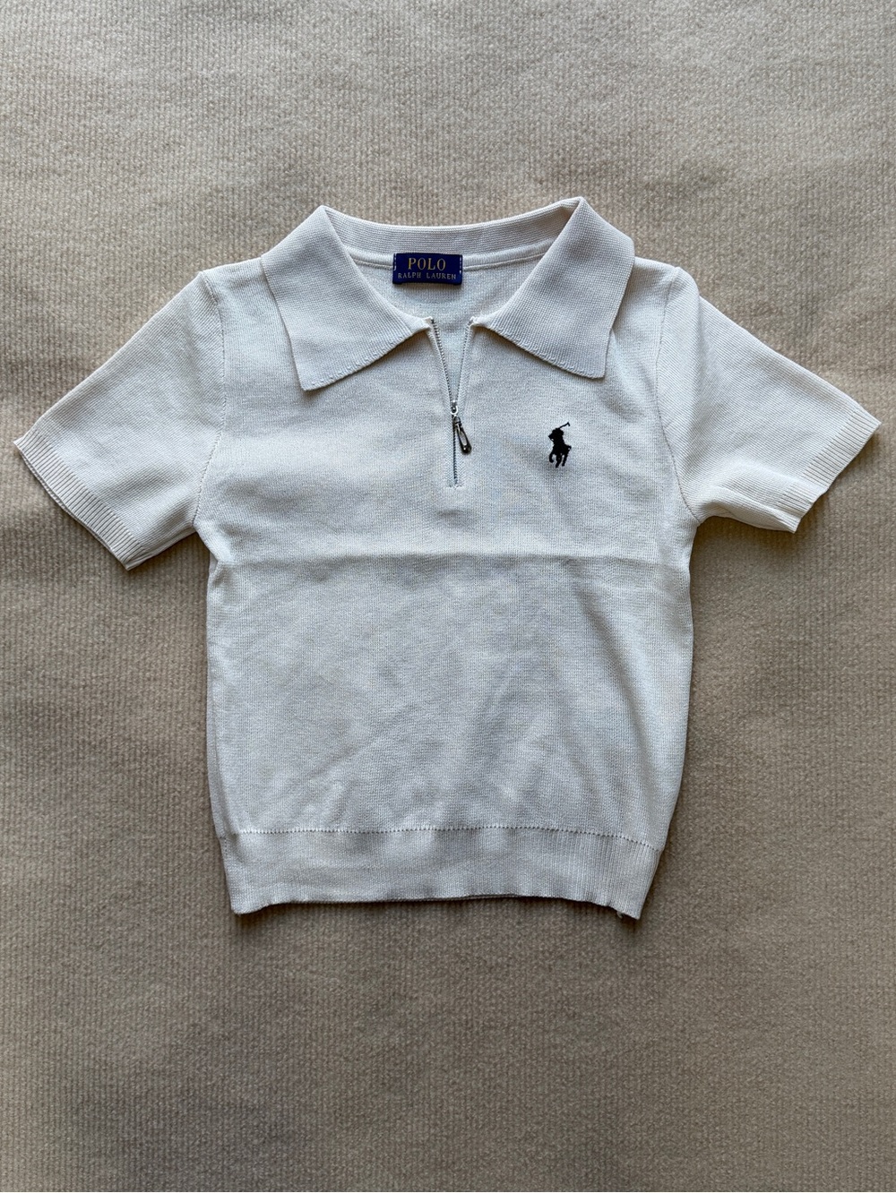 Polo by Ralph Lauren Cream Short-Sleeve Zip Polo with Navy Pony Embroidery